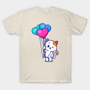 Cute Cat Holding Love Heart Balloon Cartoon T-Shirt